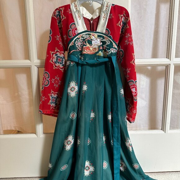 Kids Traditional Chinese Tang-Style Dress with Embroidery-Red & Green Hanfu 5~6T - Picture 1 of 3